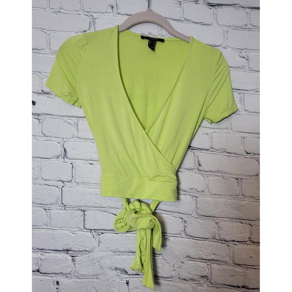 Forever 21 Lime Green Wrap Crop Top Short‎ Sleeve V-Neck Tie Waist Small Y2K